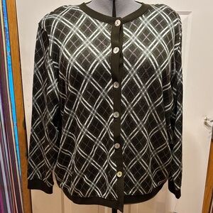 Plaid Button-Up Cardigan CD Daniels 2X olive Green and white